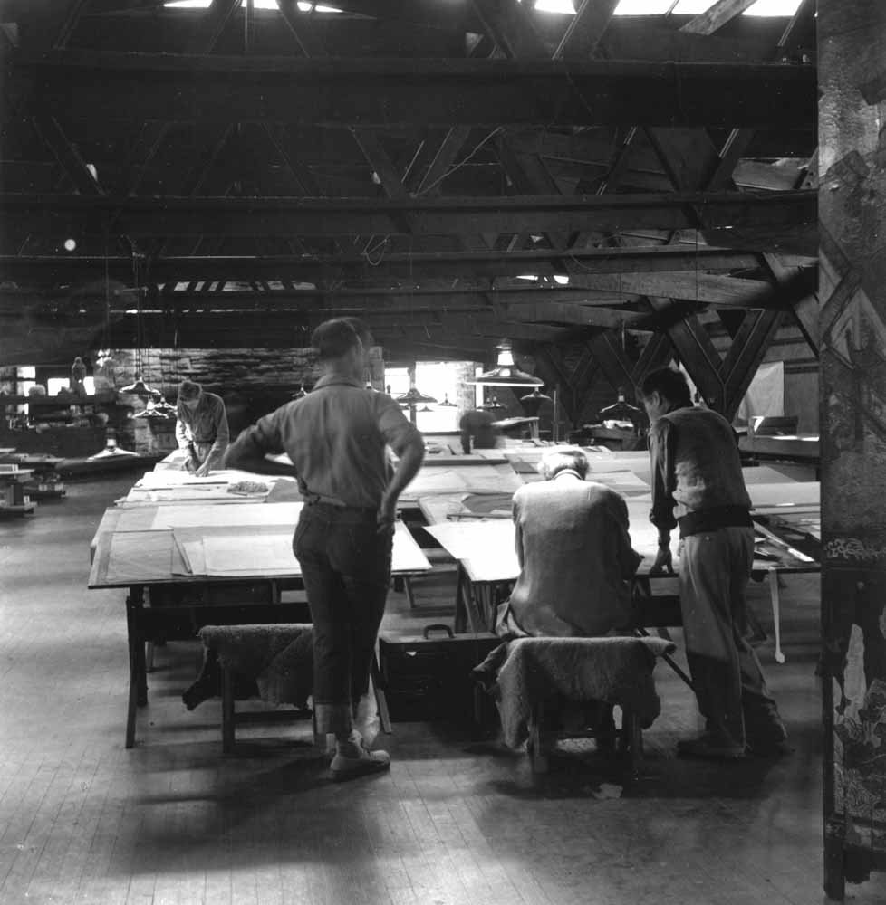 Jack Howe and Wright at Hillside Drafting Room, 1953